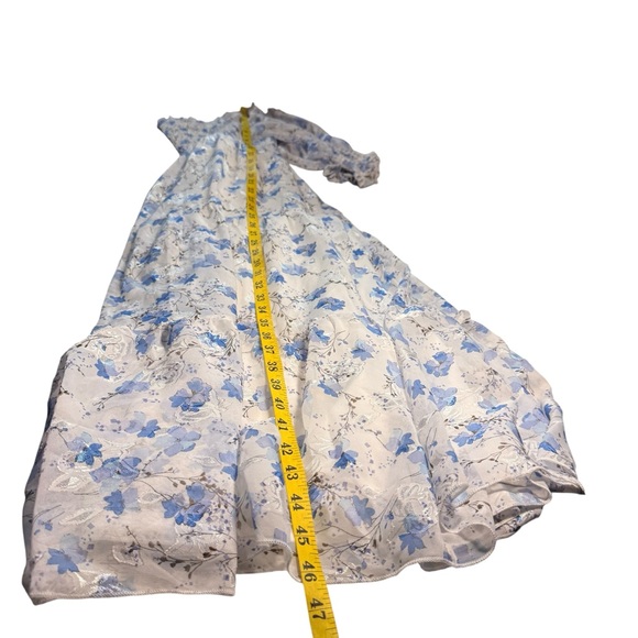 Baltic Born Fabian Jacquard Midi Dress XL White Blue Floral Sheer Sleeve Tiered - Picture 10 of 14